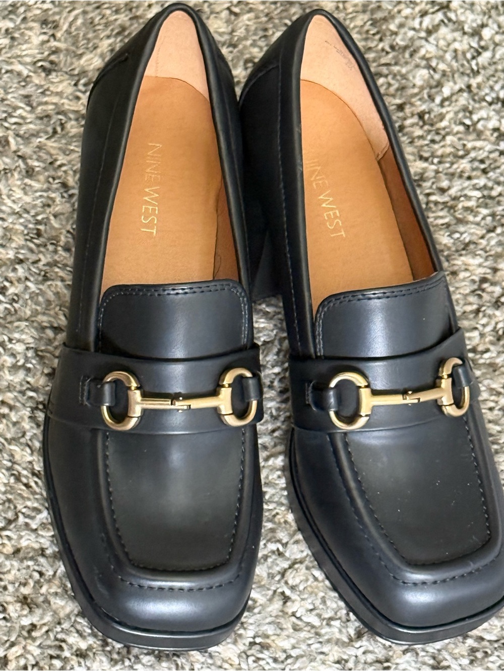 Nine West Black Leather Loafers with Gold Bit Accent